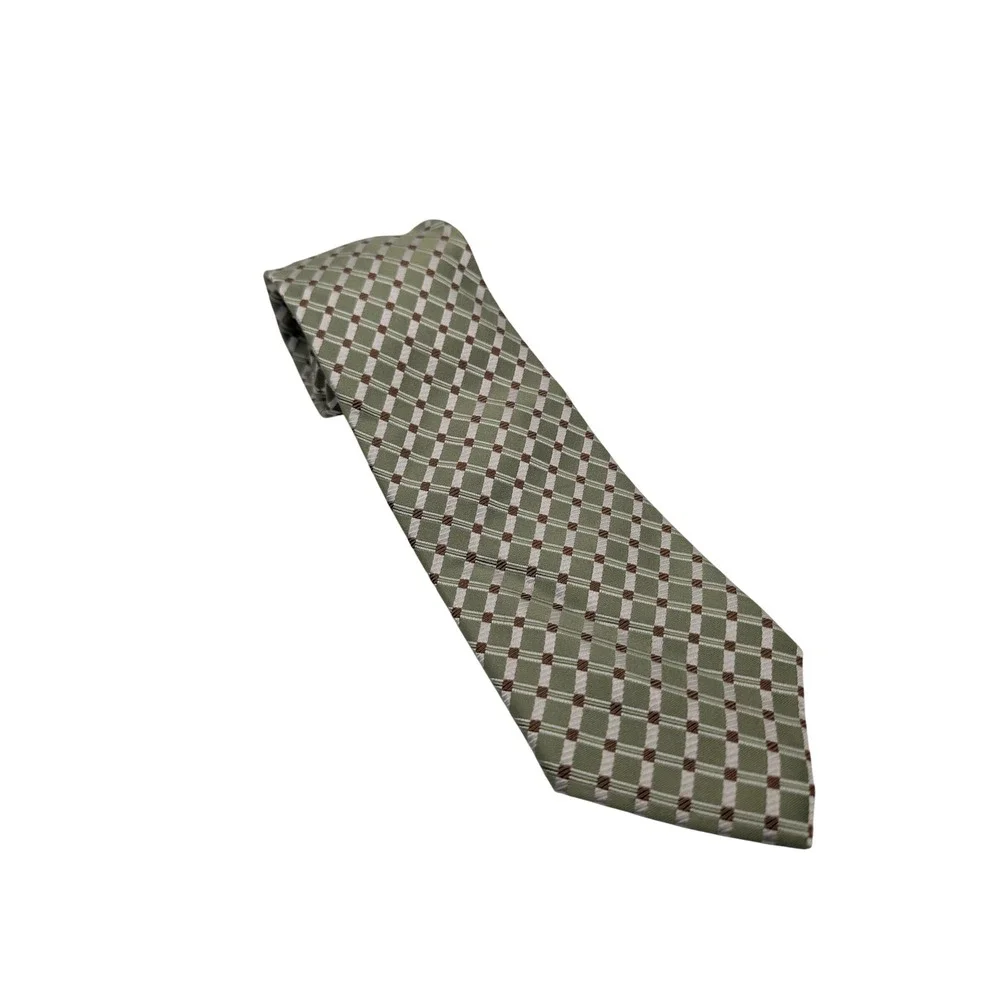 Geoffrey Beene Tie Mens Green Geometric Grid 100% Silk Hand Made Business